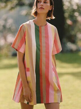 Maeve Emmy Short-Sleeve Swing Mini Dress Stripe